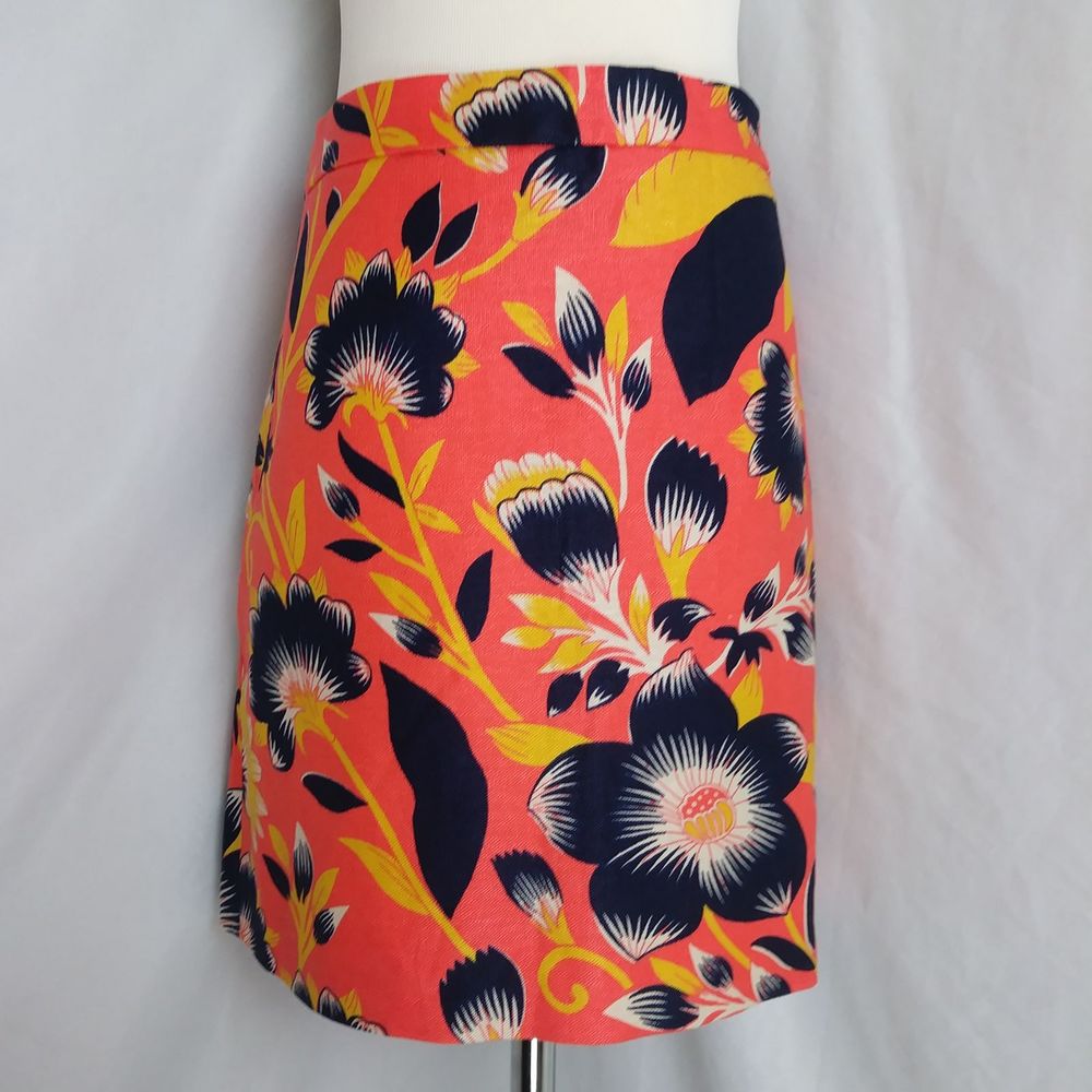 J. Crew Coral Floral A-Line Skirt with Navy & Yellow Accents